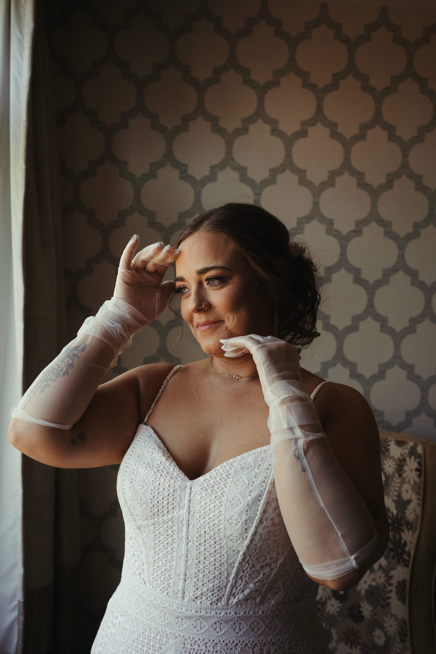 sheer white opera length full gloves with fingers for strapless gowns