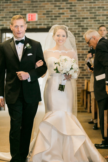 minimalist wedding style, blusher wedding veil on bride walking down aisle with Dad