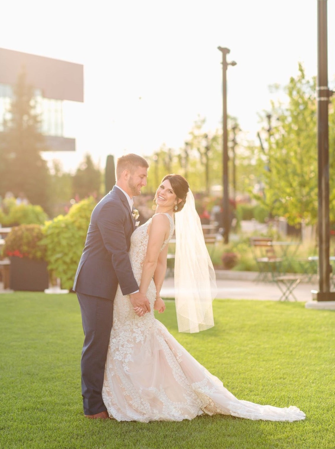 Romantic Wedding Photo of Bride and Groom: Lace Dress and Simple Fingertip Veil by One Blushing Bride