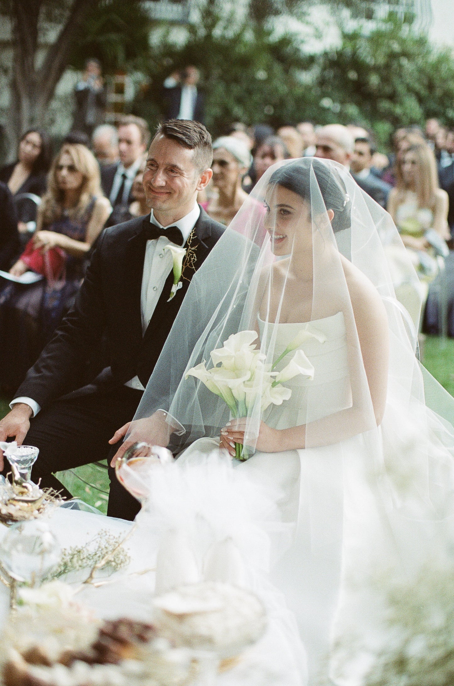 drop wedding veil two layer with blusher and scattered crystal rhinestones and lily bouquet