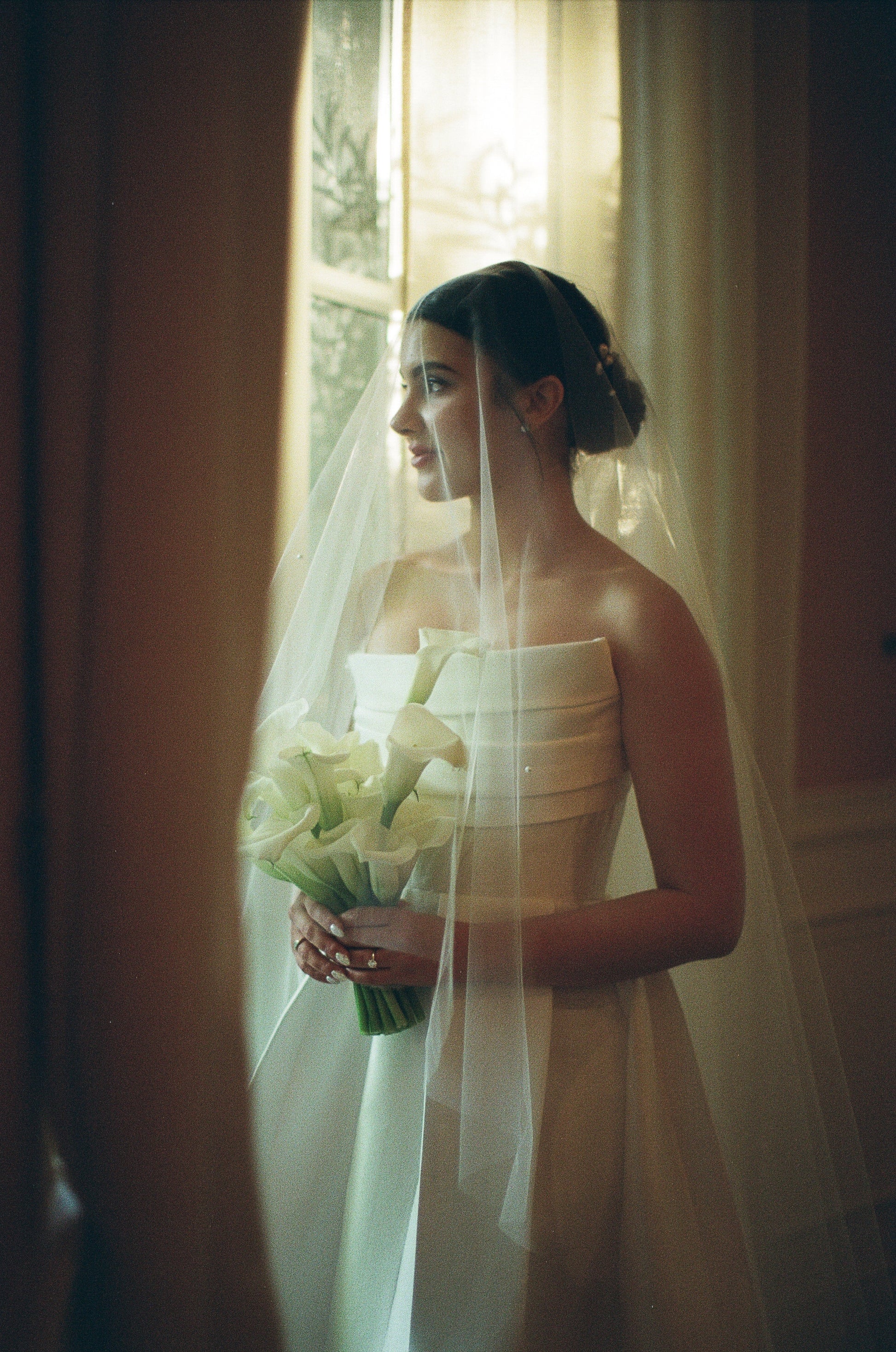 elegant scattered rhinestone bridal veil with blusher wedding veil and crumb catcher bodice wedding dress