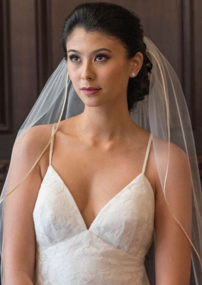 Simple Fingertip Length Wedding Veil with Ribbon Trim, Soft Single Tier Bridal Veil