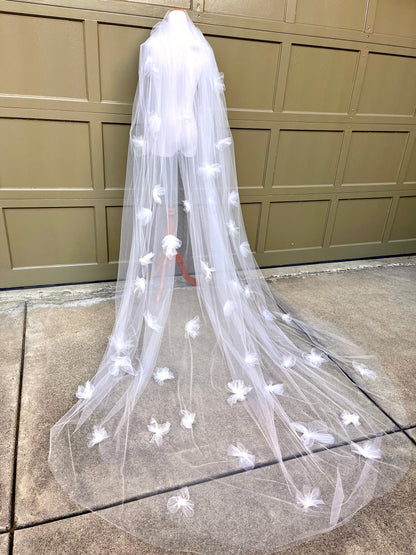 nymph inspired cathedral length wedding veil with scattered flowers