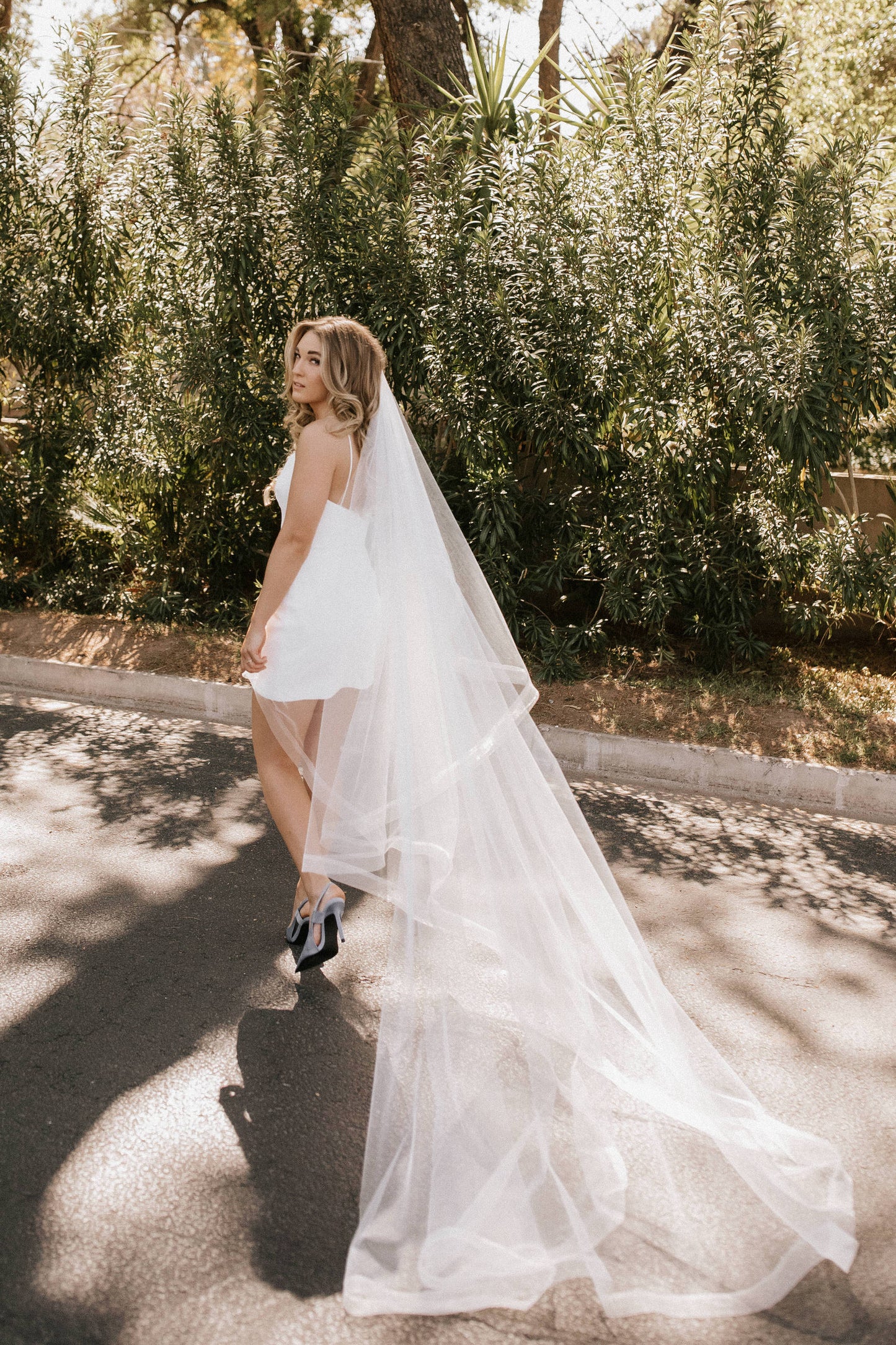 One Blushing Bride Cathedral Drop Veil with French Lace Trim and Blusher in White / Ivory White / 108 inch Cathedral / Without Beading