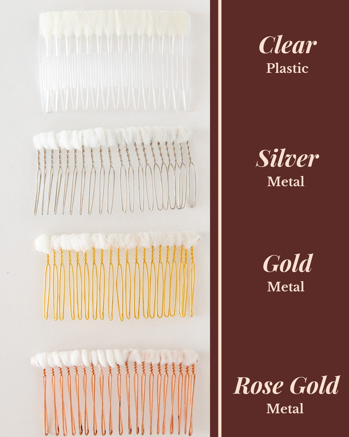 metal and clear hair comb options for custom bridal accessory