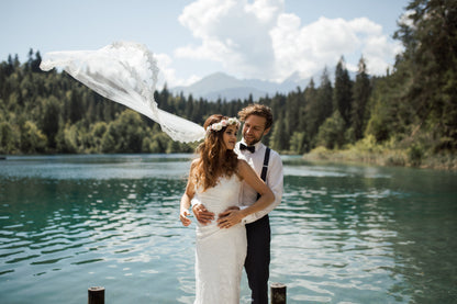 Lakeside Wedding Inspiration with Bohemian Bride with Curly Hair Down and Lace Veil with Flower Wreath