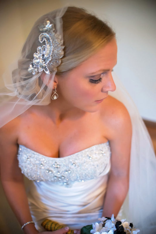 glamorous bride in vintage juliet cap beaded wedding veil